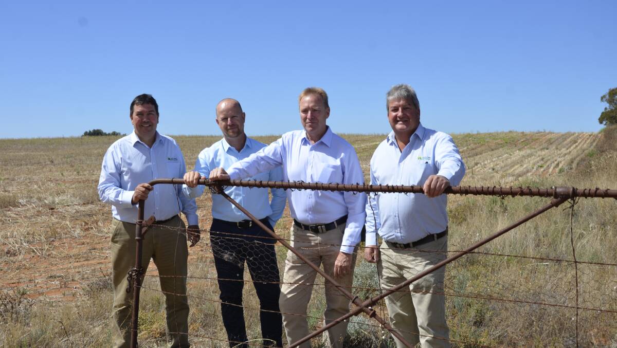 BARE PATCH: Almond Board CEO Ross Skinner, Rural Solutions SA executive director Daniel Casement, PIRSA CEO Scott Ashby and Almond Centre of Excellence chair Brendon Sidhu plan the almond experimental orchard at Loxton. 