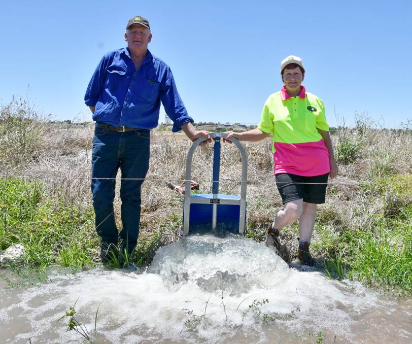 IMPROVED EFFICIENCY: Lawrie and Michele Golder, Jervois, show off the efficiency of their 'pipe and riser' system, which has resulted in water savings of about 20pc. 