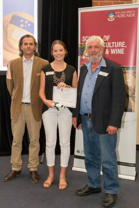 HIGH HONOUR: The 2016 Lois Harris Scholarship recipient Jana Dixon with the University of Adelaide's School of Ag, Food and Wine's Jason Able (left) and Ag Bureau of SA's deputy chairman Geoff Page.