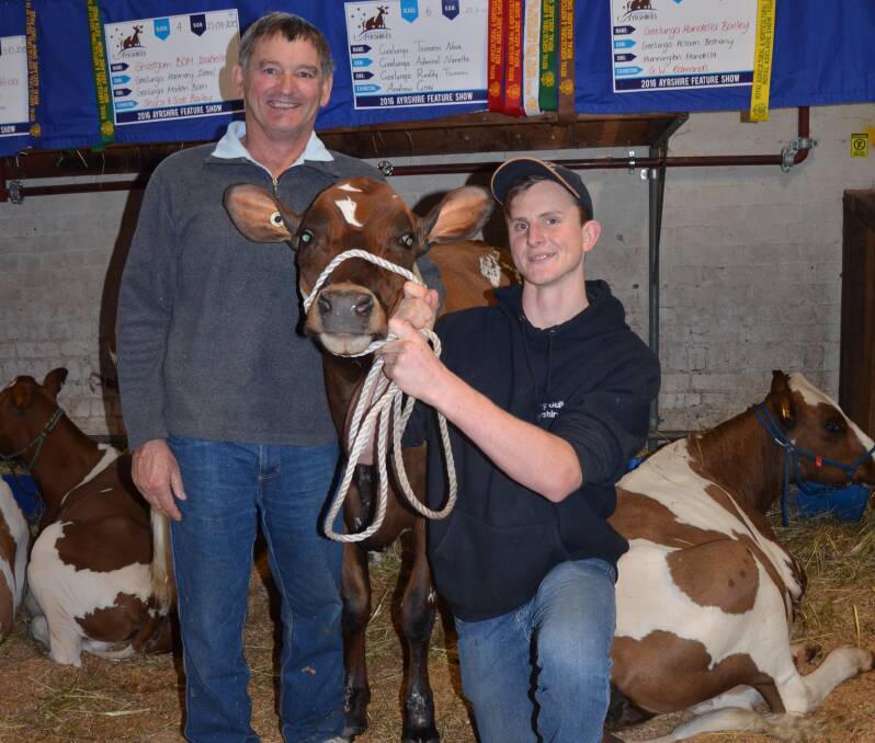 FUTURE DRIVEN: Greg Edmonds, Geelunga Ayrshires, Meadows, and Andrew Gray, Long Gully Ayrshires, Echunga, with the second-placed Geelunga Tsunami Nova at the Royal Adelaide Show.
