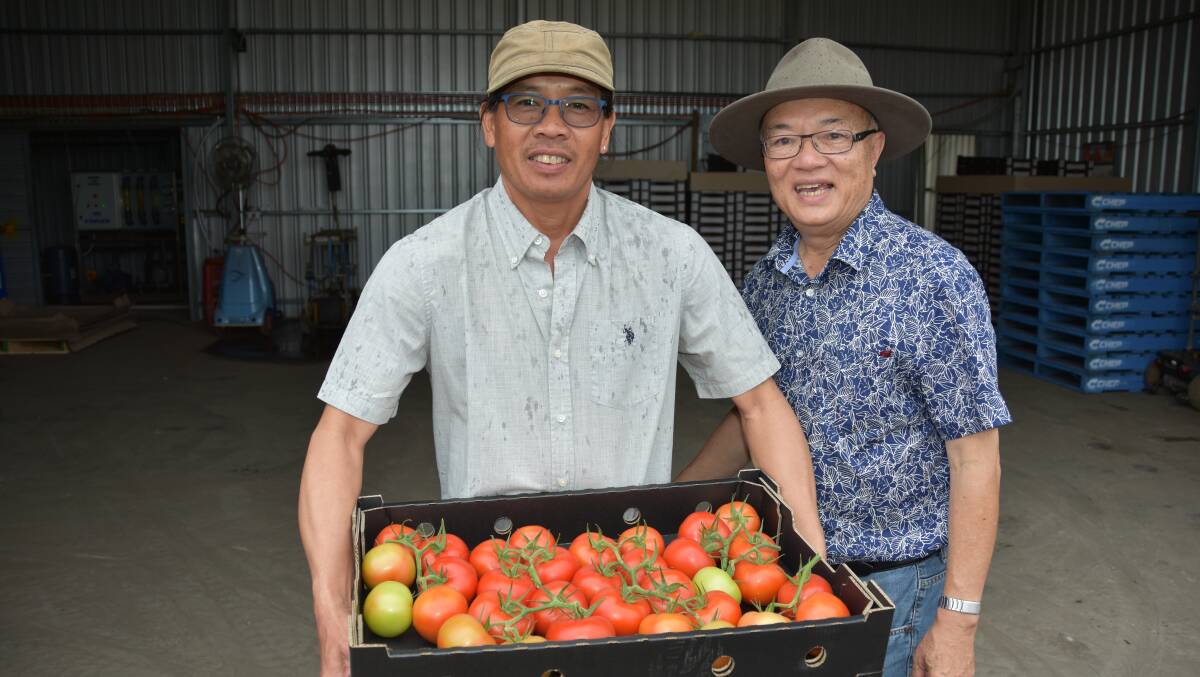 Tomato grower Dung Huynh and Vietnamese Farmers Association executive assistant Ly Le discuss the NRM grant the group has received.