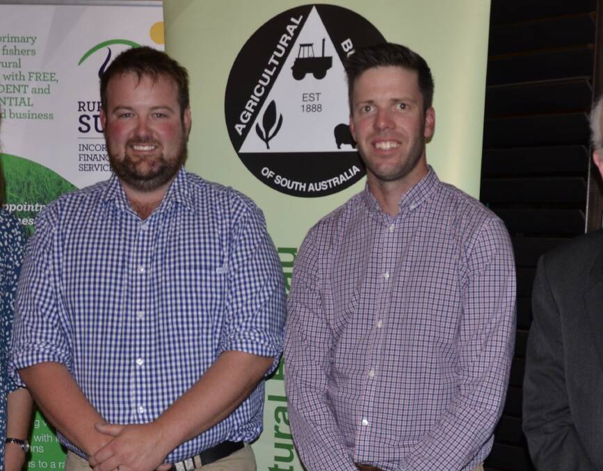 PAST WINNERS: 2016 Rural Youth Bursary recipient Matt Howell, Meningie, and Peter Olsen Fellowship winner Chris Hallion, Marrabel, at Ag Bureau’s Spirit of Excellence awards.