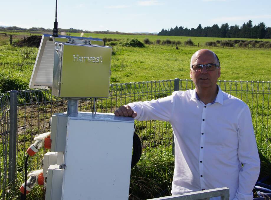 Harvest founder Peter Munn with an IoT base station at a dairy farm in Masterton, New Zealand which connects to an a weather station, soil moisture probes, irrigation pumps, an effluent pond and a centre pivot.