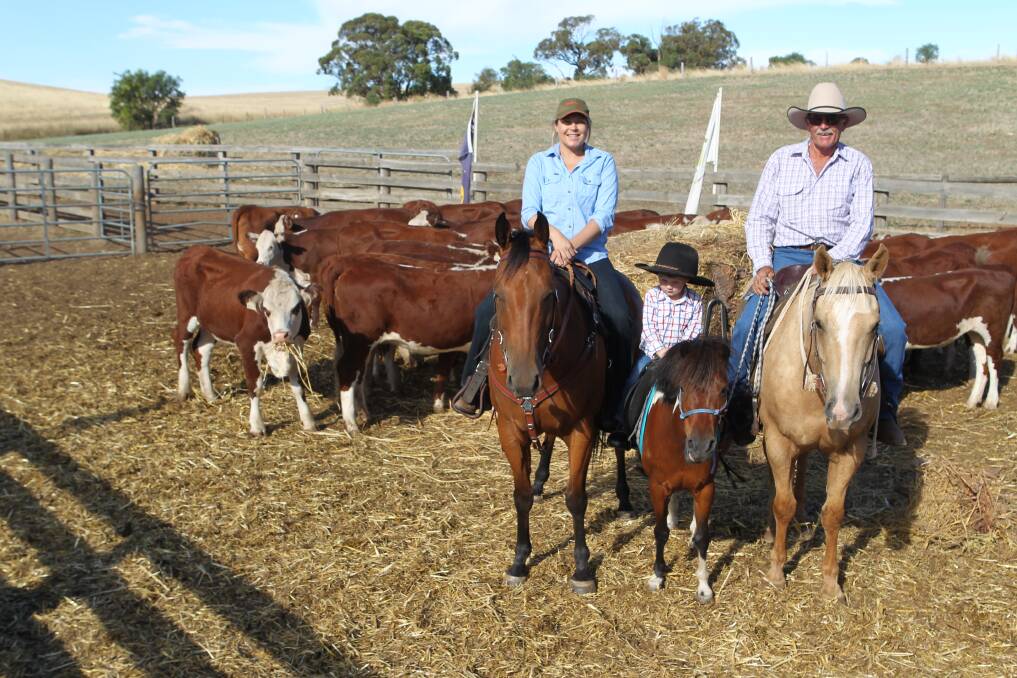 Megan McLoughlin, on Biscuit, and her son Sam, 3, on Ringo, with Megan's dad Jim Willoughby and the Herd of Hope heifers, which have been put up by Marlene and Greg Schubert - owners of rural supply business Farmer Johns - at Stockwell in the Barossa Valley, South Australia. Photo: Carla Wiese-Smith.