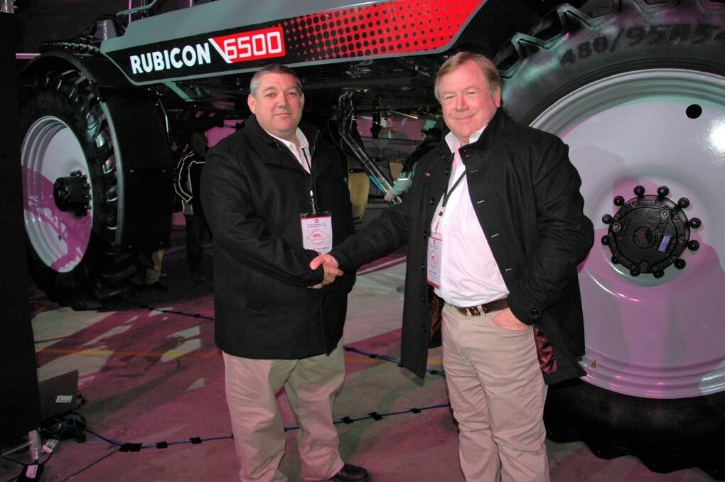 EVOLUTION CONTINUES: HARDI Australia self-propelled product manager Steve Lancaster and HARDI Australia chief executive officer Bill Franklin with the RUBICON 6500 at the 2017 product showcase. 