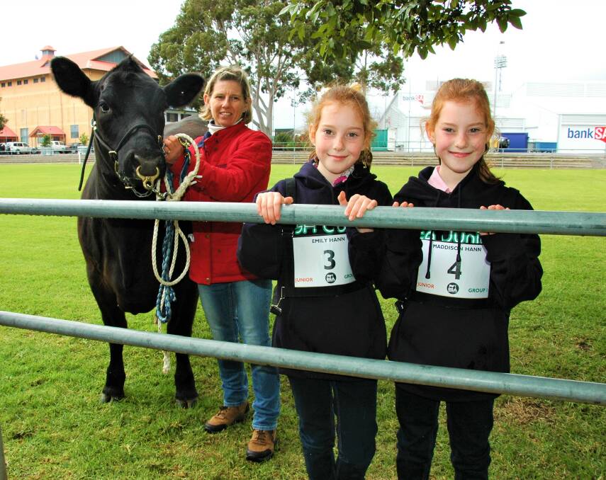 IN THE RING: Natalie Hann, twin's Emily and Maddison, 8, and heifer Jedda, are first time entrants in the Landmark CGU SA Junior Heifer Expo at the Adelaide Showground. 