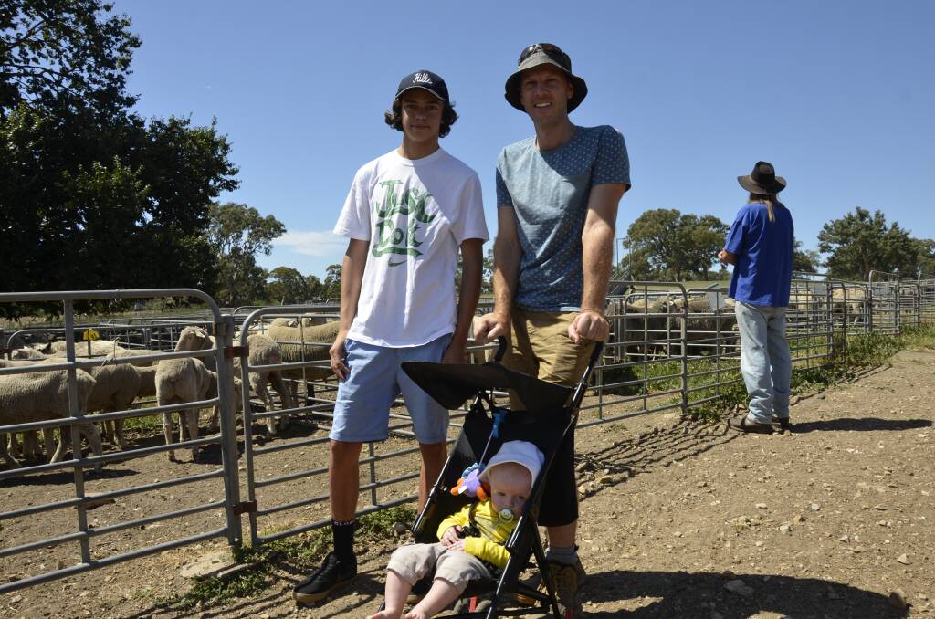 INSPECTING: Bailey Pfeiffer, along with Matt and Douglas Schrepel, check out the sheep on offer at the Mount Pleasant market.
