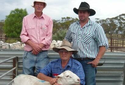 Denis Russell, Genelink, Parilla, with the $3200 top-price White Dorper ram which sold to Sean O&#146;Brien, Kyancutta, at his second annual commercial production sale. Also pictured is Elders Lameroo's Pat Larsson.