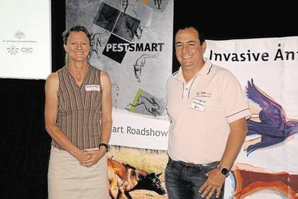 NEW CONTROL: South Australian Arid Land’s Heather Miller and national wild dog coordinator Greg Mifsud at the recent Invasive Animals CRC PestSmart roadshow at Port Augusta. Greg says two new wild dog control methods in the registration phase are PAPP poison and a mechanical ejector trap.