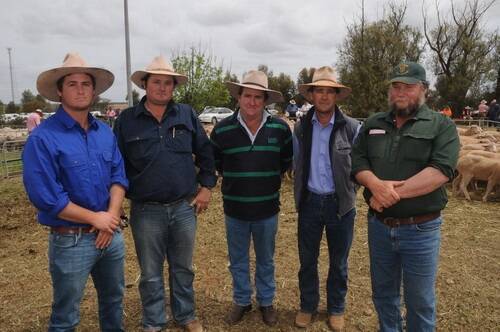 Mutooroo Pastoral Company, Cockburn, was a volume vendor at the Yelta sale, selling 5500 ewes from their Mutooroo, Lilydale, Mulyungarie and Outalpa properties. Pictured are Eddie Morgan, Mutooroo manager Adam Lomman, Mutooroo managing director James Morgan, Lillydale manager Todd Noakes and Lilydale overseer David Donlan.