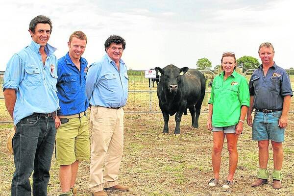 BIG DAY: Pictured after the successful Coolana Angus bull sale with the $10,000 top priced bull are Coolana cattle manager Martin Beltrame; Ben Gubbins, Coolana; buyer Simon Rowe, Princess Royal Station, Burra, SA; and Anna and Mark Gubbins, Coolana, Chatsworth.