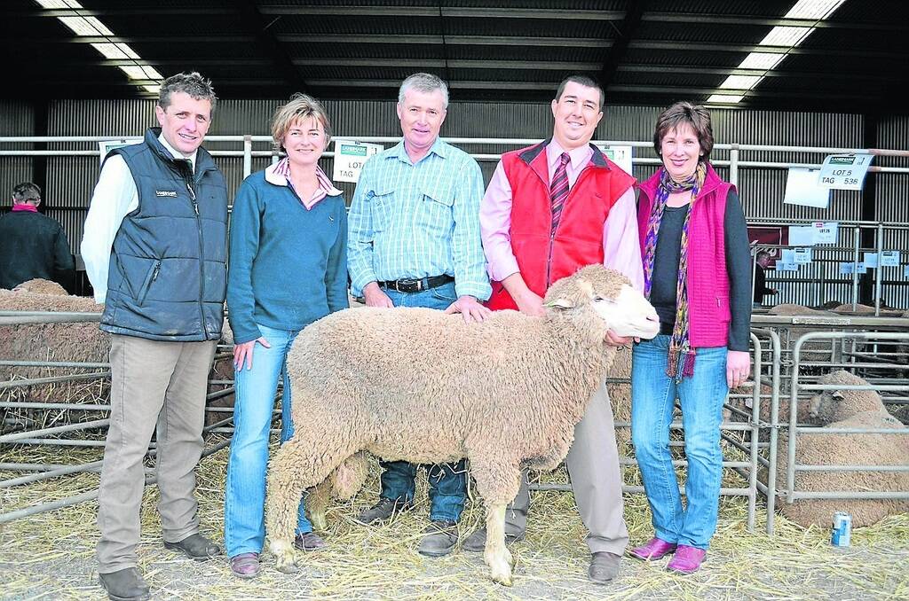 TOP RAM: The top-price ram at Barton Hill was bought by Alastair (third from left) and Deb MacAllam (right), Woodchester, for $5200. They are with Landmark Burra branch manager Corey Wildash, Barton Hill stud owner Jo Gebhardt, Burra, and Elders Burra territory sales manager Corey Friebel.