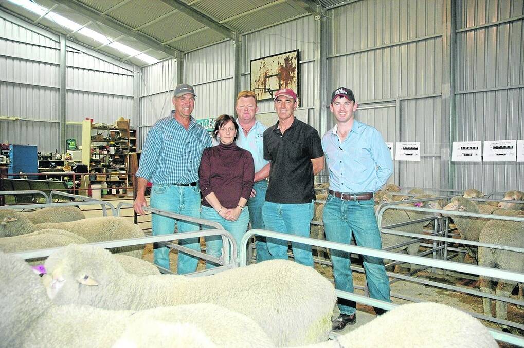 MALLEE MAGIC: Malleetech stud principals David and Margaret Smith celebrate a successful sale with Quality Wool's Andrew Keach, top price ram buyer Tony Skewes, Malleebrae Pastoral Co, Goolwa and auctioneer Michael Lawrence, Southern Australian Livestock.