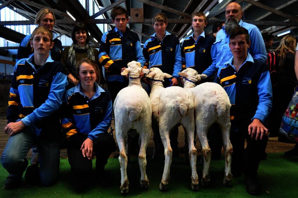 National Merino Challenge committee member Michelle Cousins, Burra (second left) with the Cleve Area School team - ag teacher Nicole Humphries (back left) and ag coordinator Aleks Suljagic (back right) with Year 10 students Corey Nicholls, Kayden O'Brien, Mark Wedding and at front Tyron Bishop, Emily Gray and Tyson Tree.