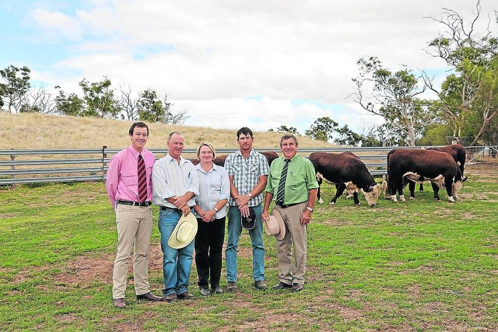 STRONG SUPPORTER: Blue Barnard, Griffin Pastoral (second from right), Robe, was the standout volume buyer at Cannawigra Poll Herefords annual sale last week. Also pictured in the photo are stud principals David and Katrina Copping (centre), and auctioneers Elders’ Ronnie Dix, and Landmark’s Malcolm Scroop.
