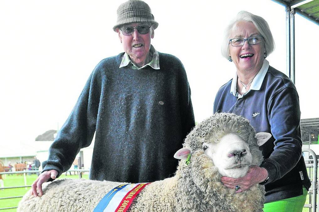 END OF ERA: Tony and Jan Hunt, Wye Corriedales, Mount Gambier with their grand champion ram at the 2013 Mount Gambier Show. Over the years they have had considerable show ring success with many broad ribbons at Vic’s Hamilton Sheepvention and the Australian Sheep & Wool Show in Bendigo.