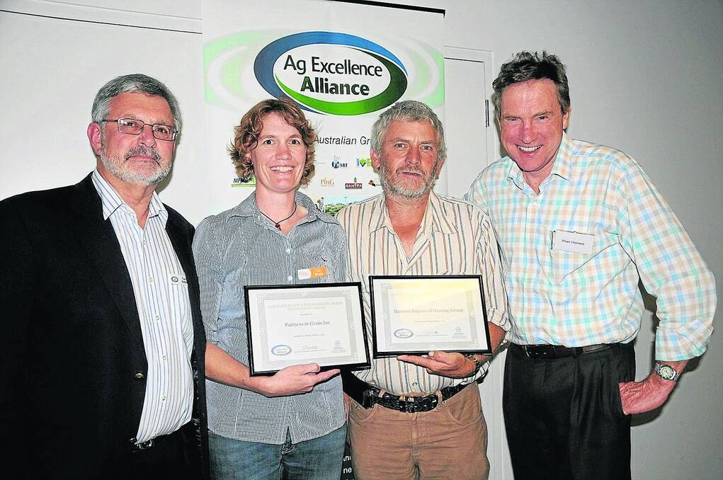 THE WINNERS: At the Ag Excllence Alliance forum on Monday are chairperson Trent Potter with grower group award winners Partners in Grain state chairperson Liz Moyle, and Barossa Improved Grazing Group chairman Mark Grossman. Also pictured is Department of Environment, Water & Natural Resources CEO Allan Holmes. The department sponsors the annual awards.