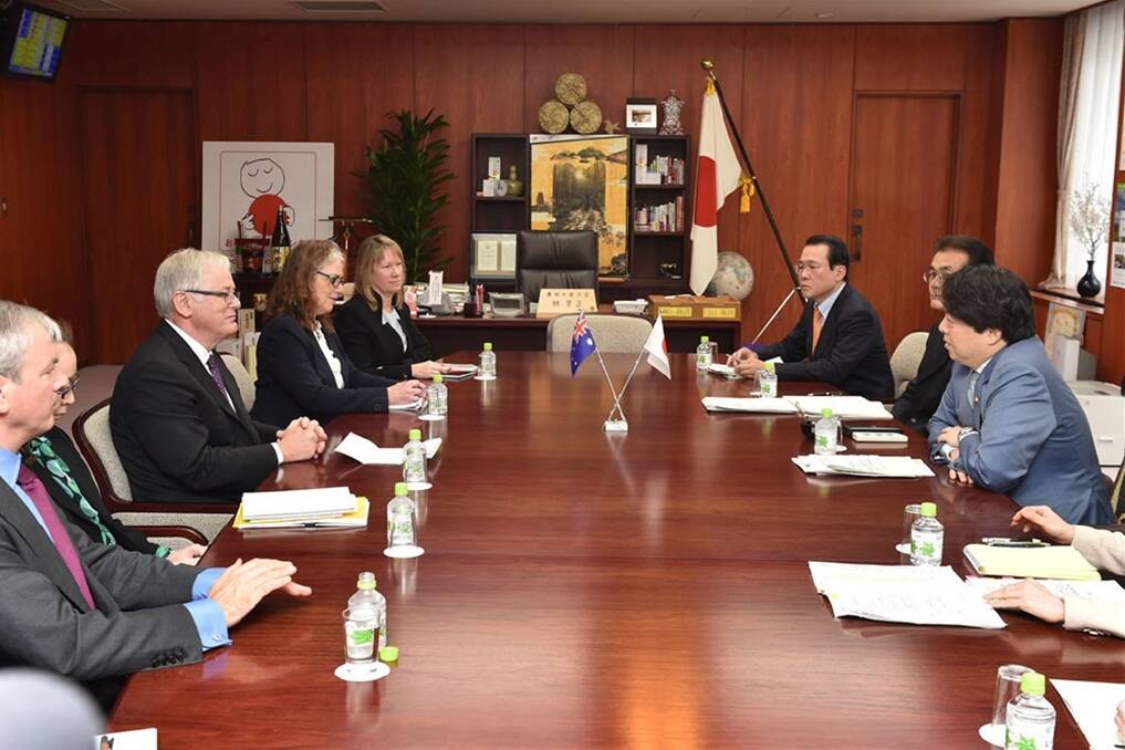 Trade Minister Andrew Robb and Japanese Farm Minister Yoshimasa Hayashi meeting in Tokyo yesterday.