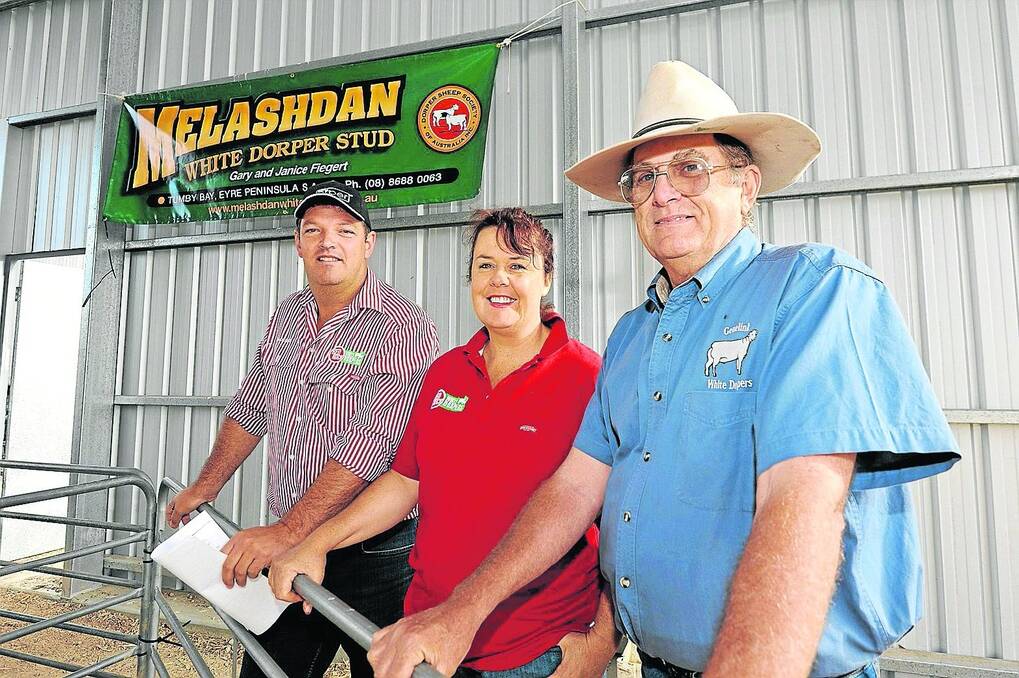 BREED ADVOCATES: Dorper Sheep Society of Australia Central Region board representative Brad Edson, Red Rock Dorpers, Keith, chaired the workshop at Melashdan White Dorpers, Tumby Bay. He is pictured with his wife Tanya, and Denis Russell, Genelink White Dorpers, Bordertown, who spoke about the growth of the Prime Dorper Lamb brand.