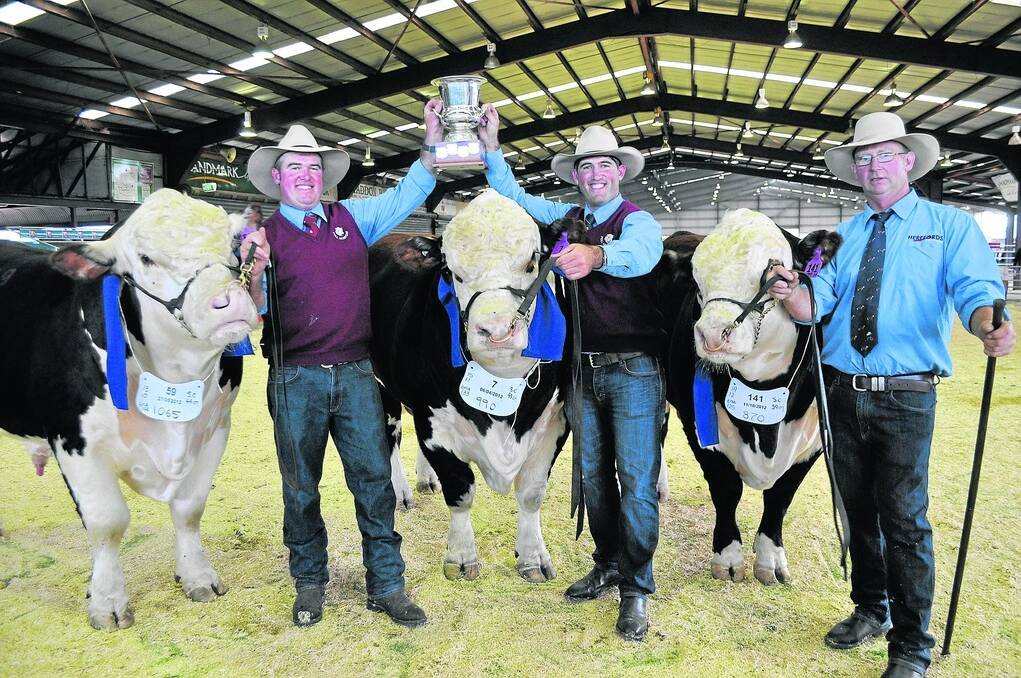 PRESIDENTÍAL WIN: Brothers Mark and Andrew Wilson, Kerlson Pines Pastoral, Keith, and groom Andrew Green, Wagga Wagga, NSW, with the three bulls which won the President’s Shield for Kerlson Pines.