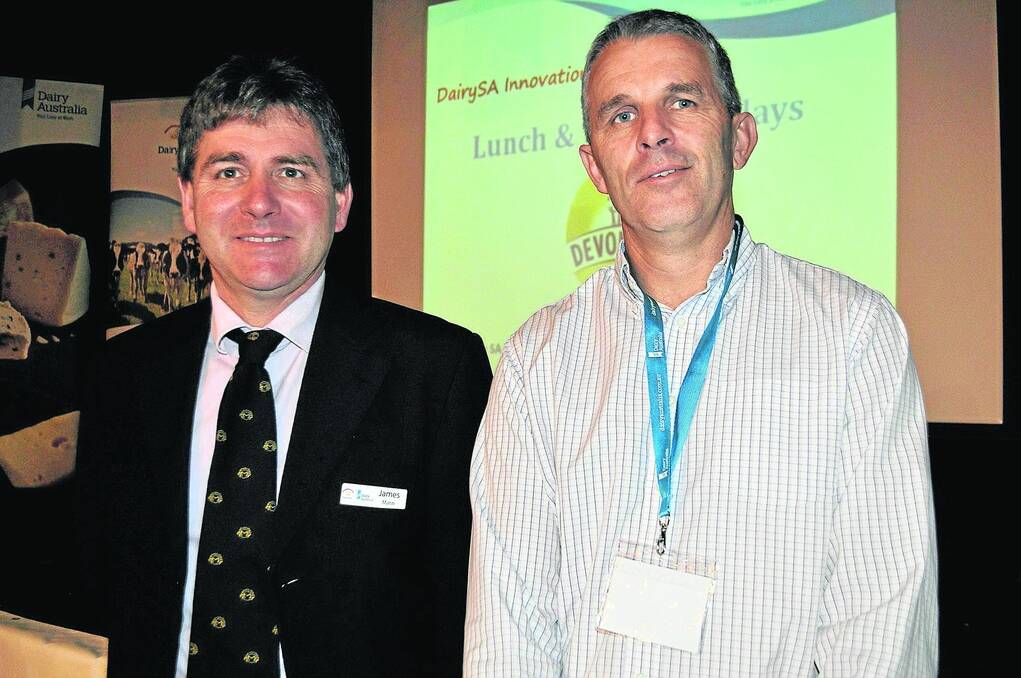 <strong>PERFORMANCE REVIEW:</strong> Dairy Australia Farm Business Management program manager Neil Lane (right), pictured with Dairy SA president James Mann, wants dairyfarmers to look more closely at their farm’s business performance and how their day to day decisions impact on the bottomline.