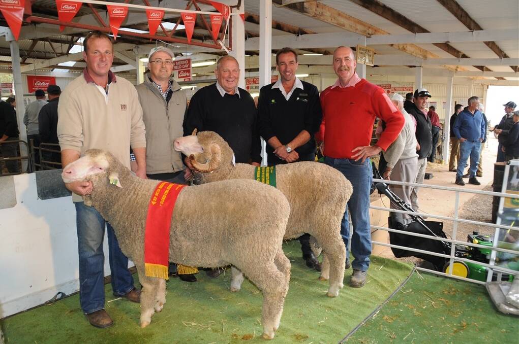 <strong>CHAMPIONS AGAIN:</strong> The Poochera-based White River stud won first and second place in the Elders 2014 EP Champion Hogget Ram Competition. Pictured are stud co-principal Wes Daniell; judge James Sullivan, Greenfields, Hallett; stud co-principal John Daniell; Pringles Ag Plus/Crouch Rural’s Wudinna branch manager Mark Kelly and Elders stud stock’s Tom Penna.