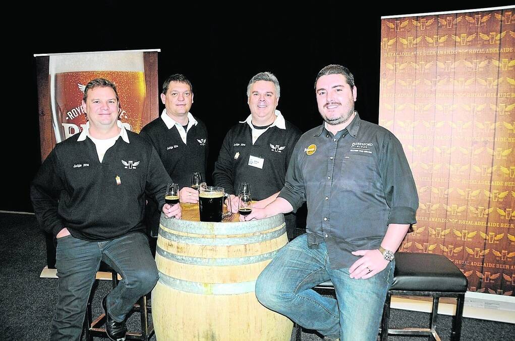 JUDGES SEAT: Judges of the Royal Adelaide Beer awards Brendon Varis, John Kruger and chief judge Simon Fahey, with Edinburgh Hotel and Cellars’ Ben Worthley.