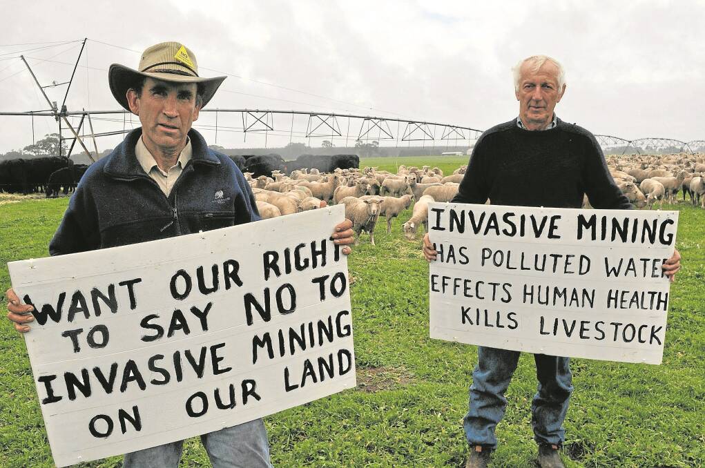UNITED VOICES: Kalangadoo farmers David Smith and Don Ferguson say almost “unanimous opposition” to unconventional gas mining in the SE is a message that state government will ignore at its peril.