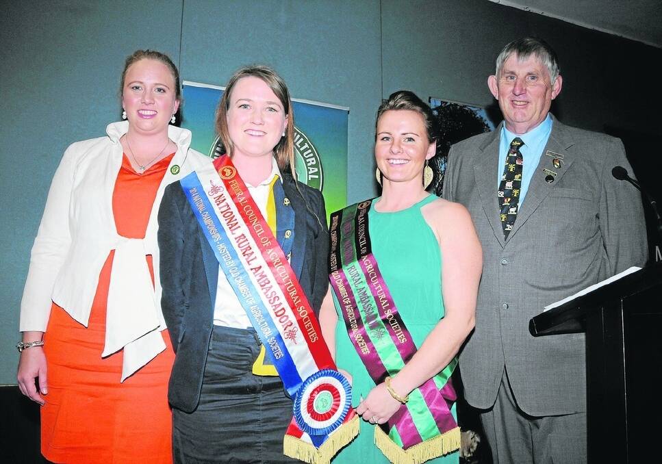 POSITIVE INFLUENCE: The 2013 Australasian Rural Ambassador Prue Capp, Gresford, NSW, 2014 winner Courtney Ramsey, Berri, SA, runner-up Stephanie Bullen, Maffra, Vic, and Federal Council of Agricultural Societies president Bill Trend.