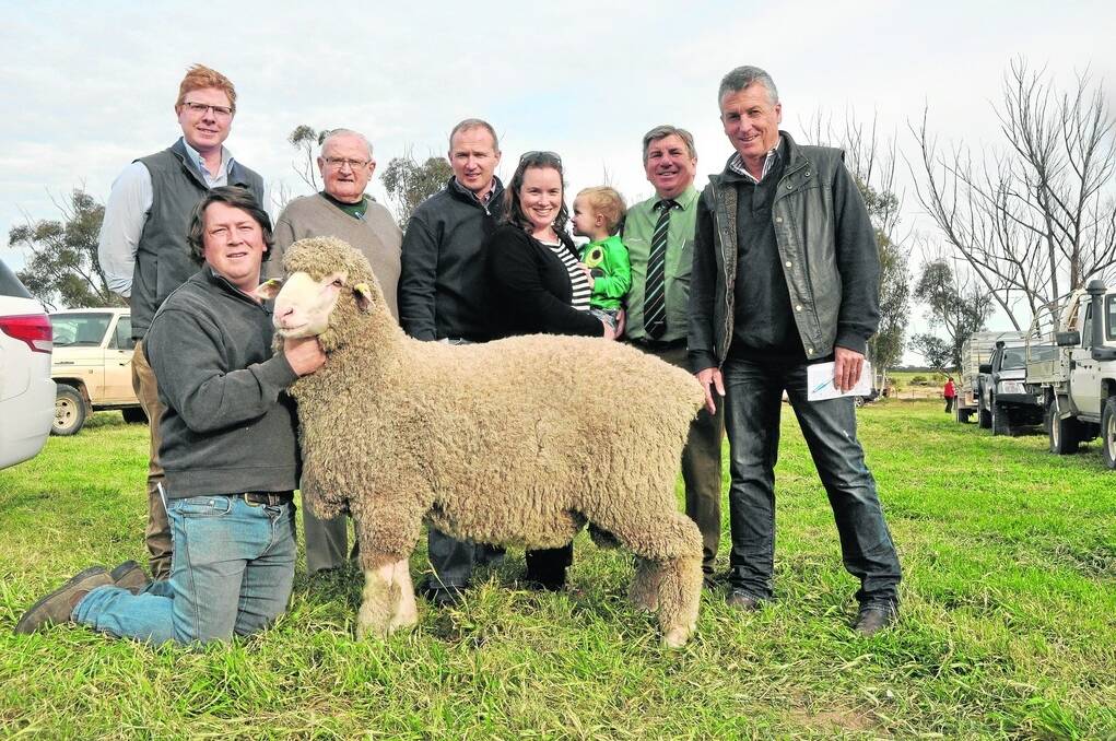 IMPOSING SIRE: Will Lynch, Boorana stud, Woorndoo, Vic, holds the $8400 top priced ram he bought at Glenlea Park from Glen, Peter and Marianne Wallis and their son Nathaniel. Also pictured is AWN Hamilton’s Dale Bruns, Landmark auctioneer Malcolm Scroop, and stud classer Bill Walker, Classings Limited, Murray Bridge.