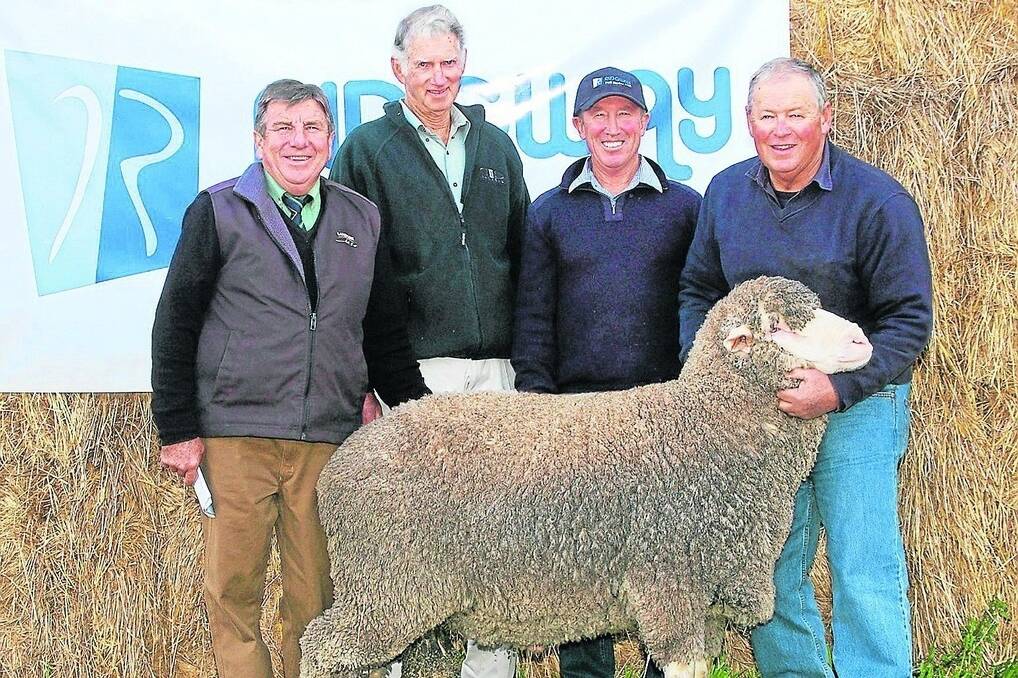 SIRE SALE: Landmark auctioneer Malcolm Scroop, joint buyers Brian Martin and Wayne Sheriff (right), McLaren Vale and Ridgway principal Ric Ridgway with the $3600 top price ram at the Ridgway sale.