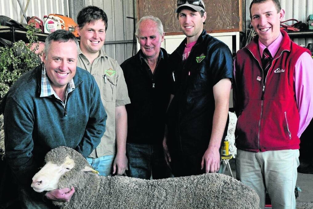 HEAVY CUTTING: Andoma principal Andrew Mosey with top price and volume buyers Stephen, Kingsley and Michael Duell, all from Mundulla, who bought six rams including this $3300 topper, and Jake Lebrocque, Elders Bordertown.