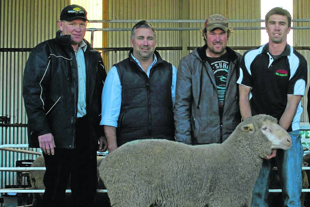 GREAT SALES: Coolibar's $2800 top Dohne ram with EP Livestock's Richard Hill, Quality Livestock's Anthony Bray, Minlaton, top ram buyer David Hickham, Castle Hill, YP, and Coolibar's Zac Calderwood.
