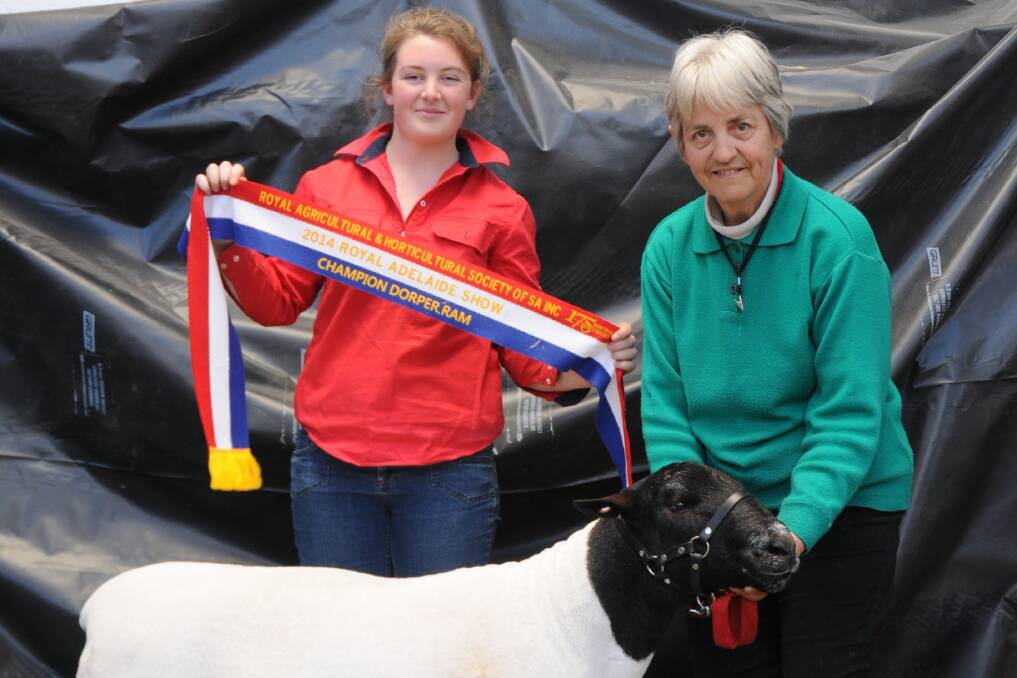 CHAMPION RAM: Pat Edson, Edson Livestock, Culburra, is pictured with her granddaughter Amelia Edson and her champion ram.