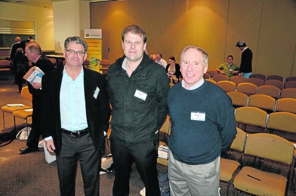 PA SYMPOSIUM: University of Sydney’s Brett Whelan with Tasmanian Institute of Agricultural Research’s Richard Rawnsley and Rural Solutions SA’s Andrew Harding at the 17th Symposium on Precision Agriculture in Australasia at West Lakes last week.