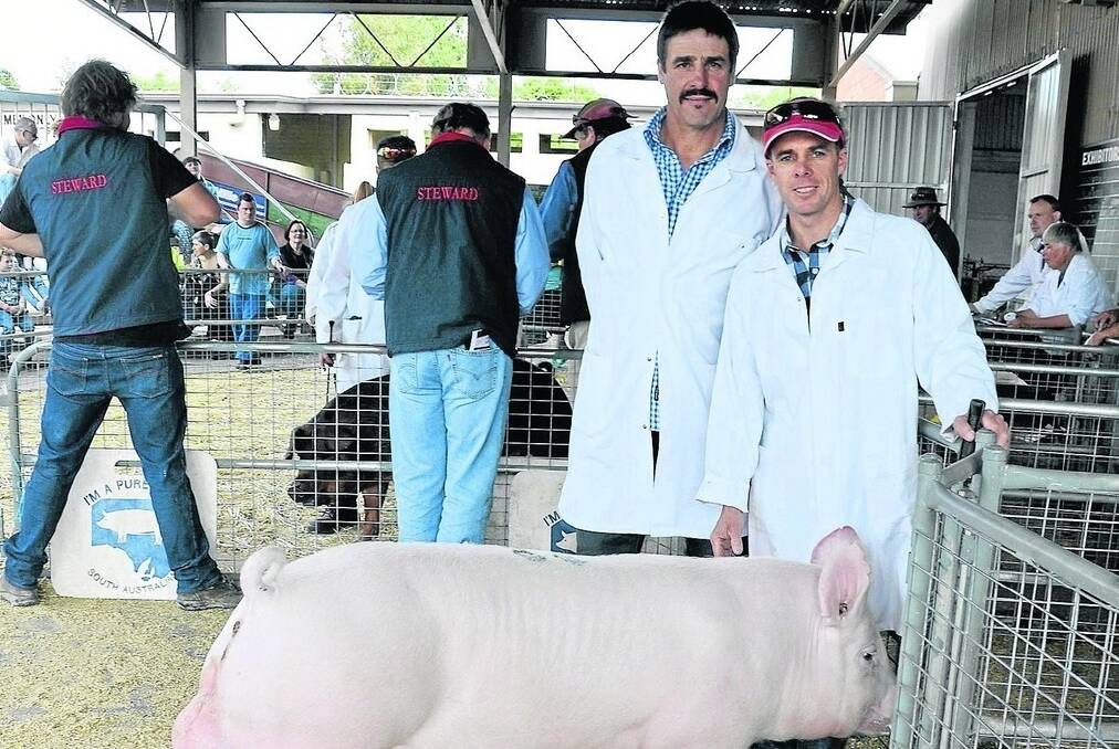 SUPREME PIG: Judge Brenton Schiller, Kenton Valley, with Greg Davis, Aroora Enterprises, and the stud’s supreme pig of last year’s show.