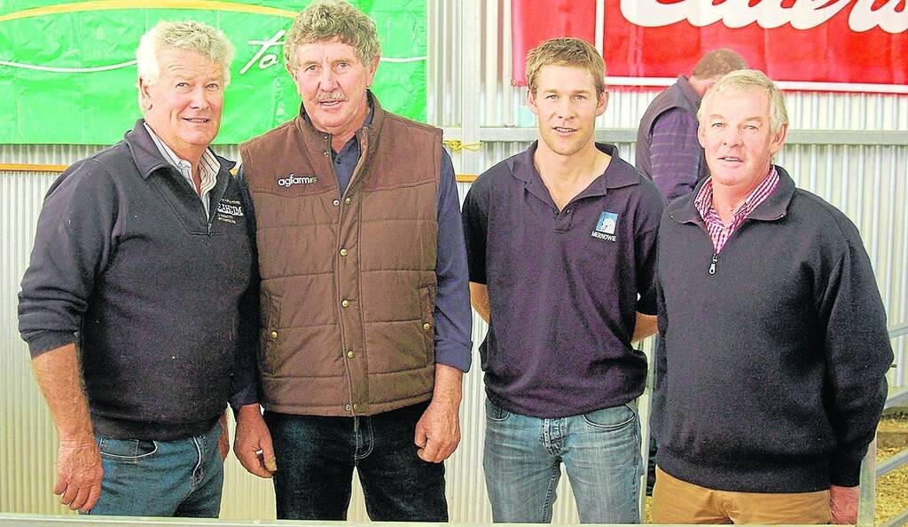 STUD BUYERS: With Leahcim principal Andrew Michael, Snowtown, are prominent stud buyers Stuart Everell, Lone Gum, Crystal Brook, two rams to $6750; David Rowett, Mernowie, Roseworthy; and Robert Hooke, Willera, Serpentine, Vic, two at $5200 and $5700.