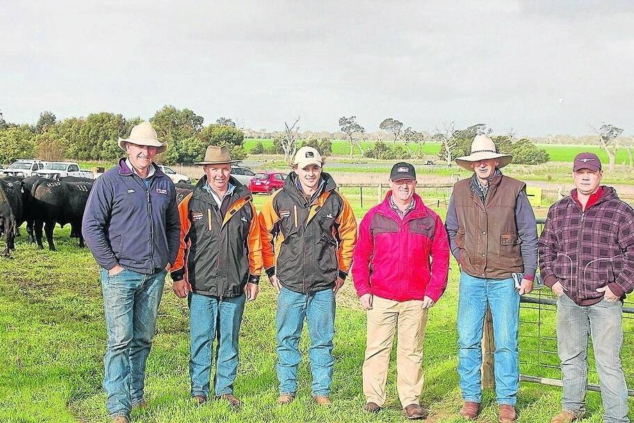 EAGER TEAM: Key buyers at the Coolana Spring Angus bull sale at Chatsworth, Vic – LMB Livestock agent Bernie Grant, six for Baanga, Minjah, Vic; Mark and Max Gubbins, Coolana, Chatsworth, Vic; Steve McLeod, Leaella Partnership, Macarthur, NSW, three to $7000; and Linlithgow Plains manager Graeme Steff and Joseph Caldwell, Dunkeld, Vic, 11 bulls averaging $3818.