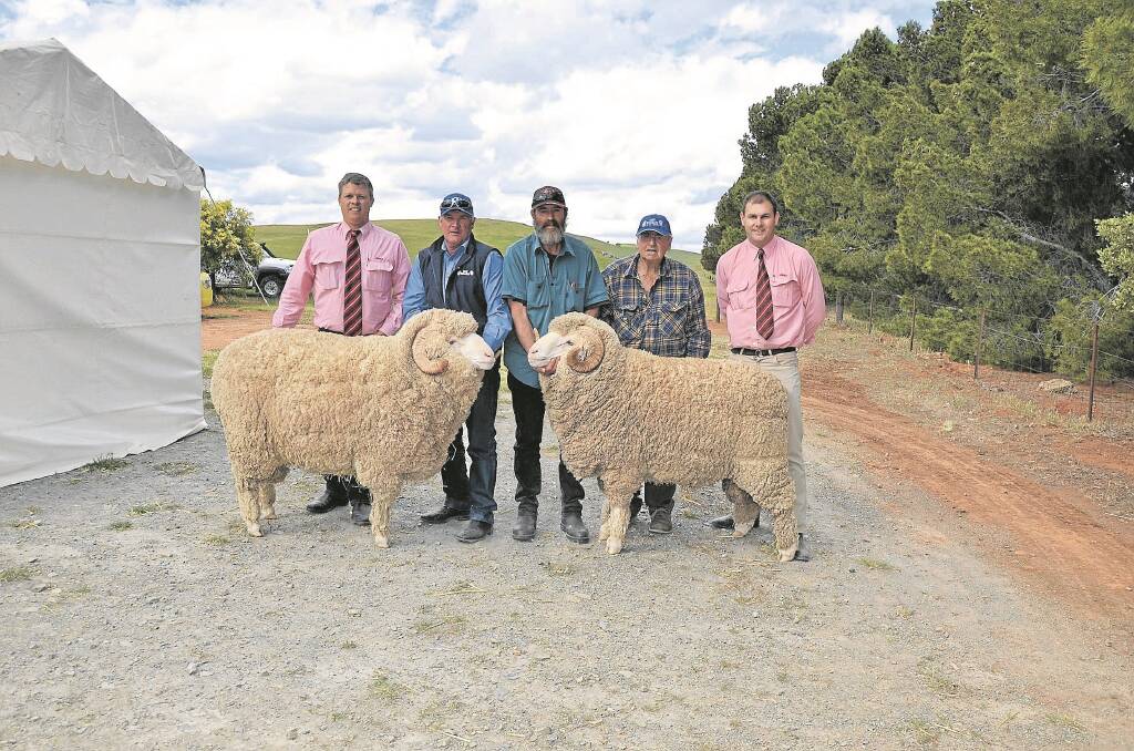 EP sheep producers the Fiegert family, paid to $3400 for three rams for their high-quality flock at Edilillie, at the East Bungaree ram sale, where they have been clients for 40 years. The rams pictured were bought by the Fiegert’s at $3400 and $3000. Standing at rear are Elders Burra’s Chris Rains, East Bungaree principal Tony Brooks, Fred and Ivan Fiegert, and Elders Cummins’ Paul Kilny.