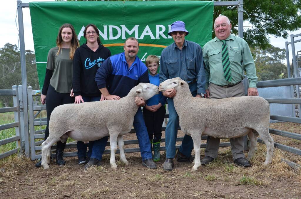TOP PAIR: Heather and Skye MacDonald, Paramount, Kerbrook, bought the two rams at $1000. Pictured are Richard Kroehn and son Jay, Sunnyvale Props, Eden Valley, Paramount principal Robert MacDonald and Landmark Anderson & Fawcett's David Schultz, Mount Pleasant.