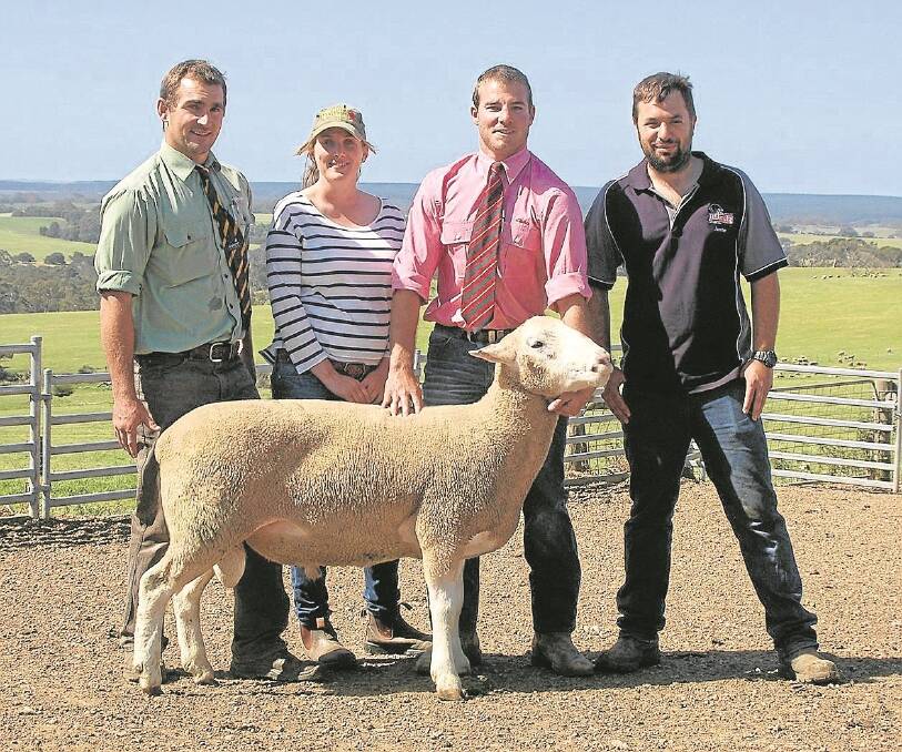 BEST SIRE: Landmark’s Paul Bott, Carly Bussenschutt, who bought the ram for Damian Smart, Keith, Elders’ Paul Green and Ella Matta’s Jamie Heinrich with the $5200 top price White Suffolk ram.