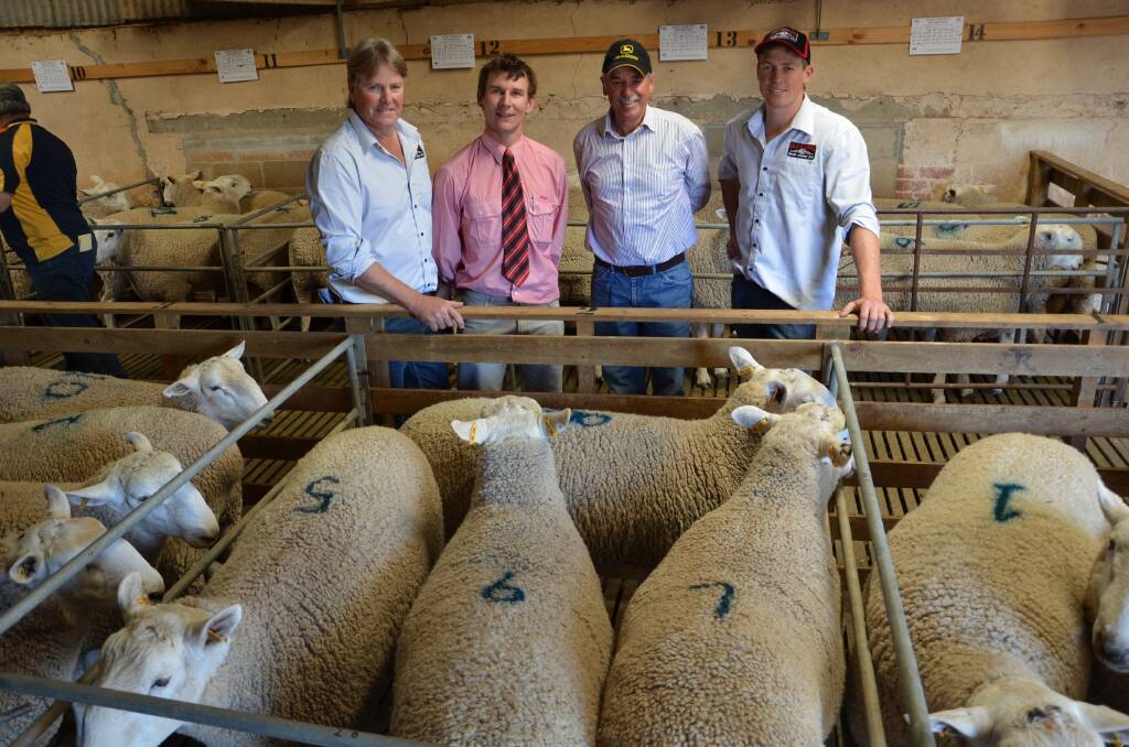 TOP ORDER: Craig and Josh Graham, Glencorrie Border Leicesters, Sandilands, flank Elders Minlaton’s Adam Pitt, and Martin Hann, Nampara, Penola, who paid the $1800 top price for lot five, and $1700 for lot seven.