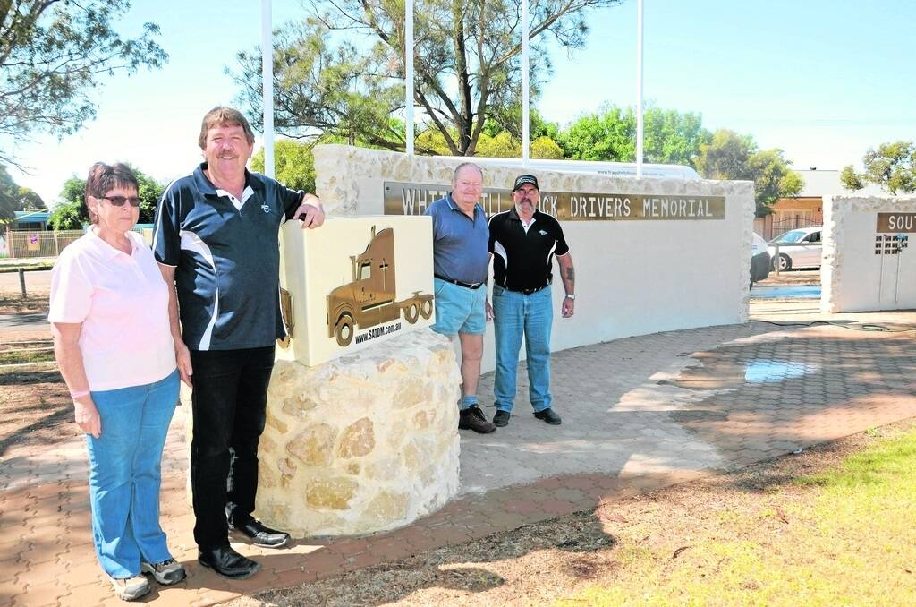 SHARED MEMORIES: SA Truck Drivers Memorial secretary Carleen Brown, Murray Bridge, coordinator Keith Wood, Tailem Bend, and volunteers Geoffrey ‘Browny’ Brown and Martin ‘Curly’ Sullivan at the White Hill Truck Drivers Memorial at Murray Bridge.