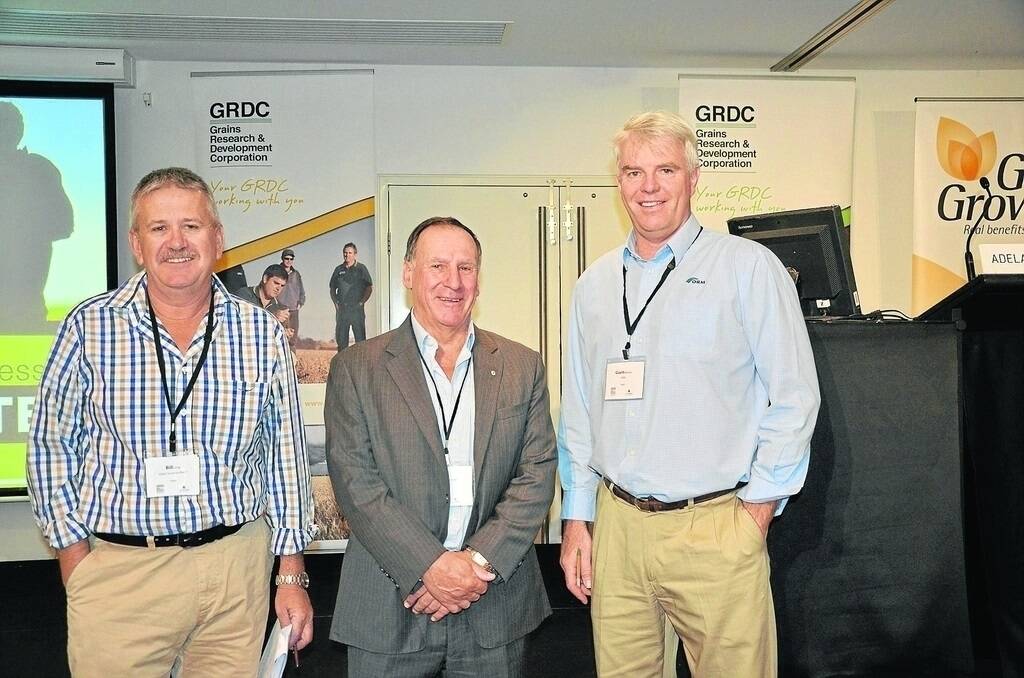 GRDC southern panel member Bill Long, Coopers Brewery chairman Glenn Cooper and ORM’s Gavin Beever at the GRDC farm business update in Adelaide.