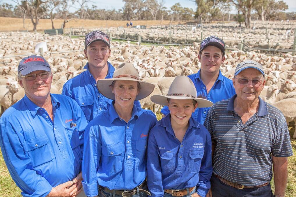 Three generations of the James family - Jim James, Alec Ross, Wendy James-Ross, Ben Ross, Nathan James and Ian James were all on deck for the 23rd annual on-property first-cross lamb sale, selling 13,478 lambs for an average of $121.26.