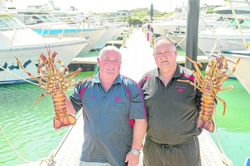 FRESH AS: Robe-based cray fisherman Dean Woodman and exporter Andrew Lawrie, Sky Seafoods, display their fresh catch at the Robe Marina.