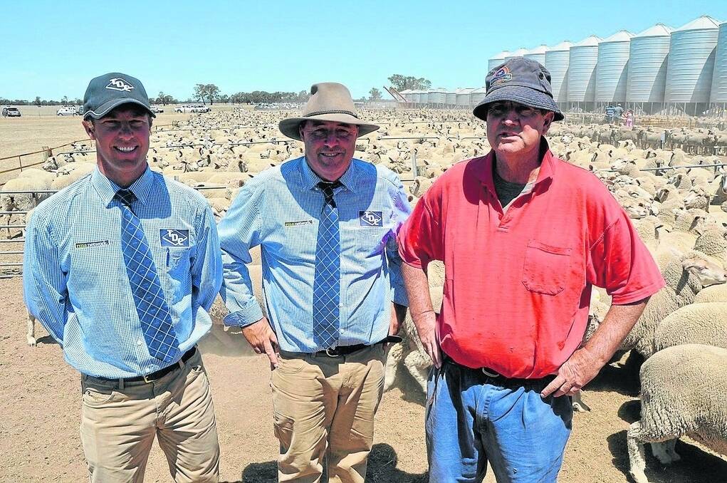 TOP PEN: TDC Penola’s Rob Handbury and Darren Maney with vendor Tom Porter in the $242 highest-price pen of ewes at Llanthro Pastoral Company’s dispersal sale at Apsley, Vic.