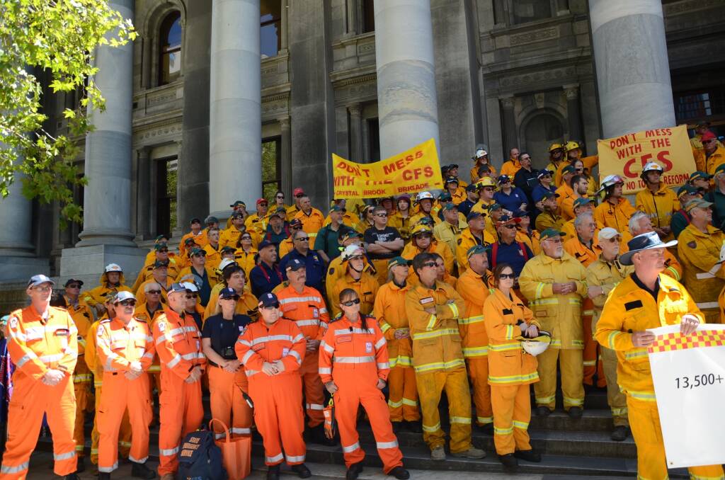 About 300 Country Fire Service volunteers gathered at Parliament House yesterday to protest the lack of information surrounding emergency services reform.