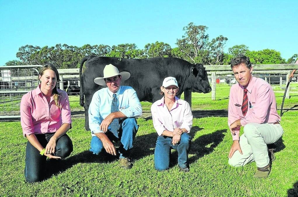 Elders livestock production adviser Nikki Armstrong bought the $10,500 top-price bull for Anthony Hurst, Seriston Pastoral, Avenue Range. She is pictured with Nampara stud principals Stuart and Natalie Hann and Elders Naracoorte livestock manager Tom Dennis.