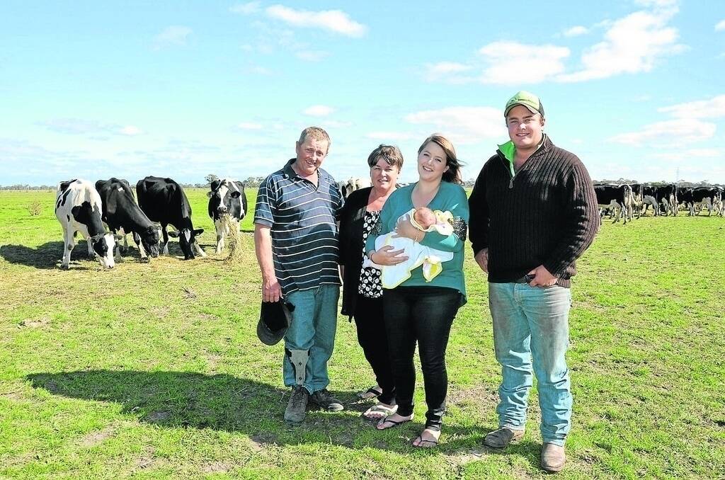 Ann-Marie and husband Lyndon Eason with daughter Hannah, four-week-old granddaughter Alice Fulton and son Jarrad at their farm near Penola. Lyndon suffered a stroke but trauma insurance smoothened the recovery process and kept the business going.